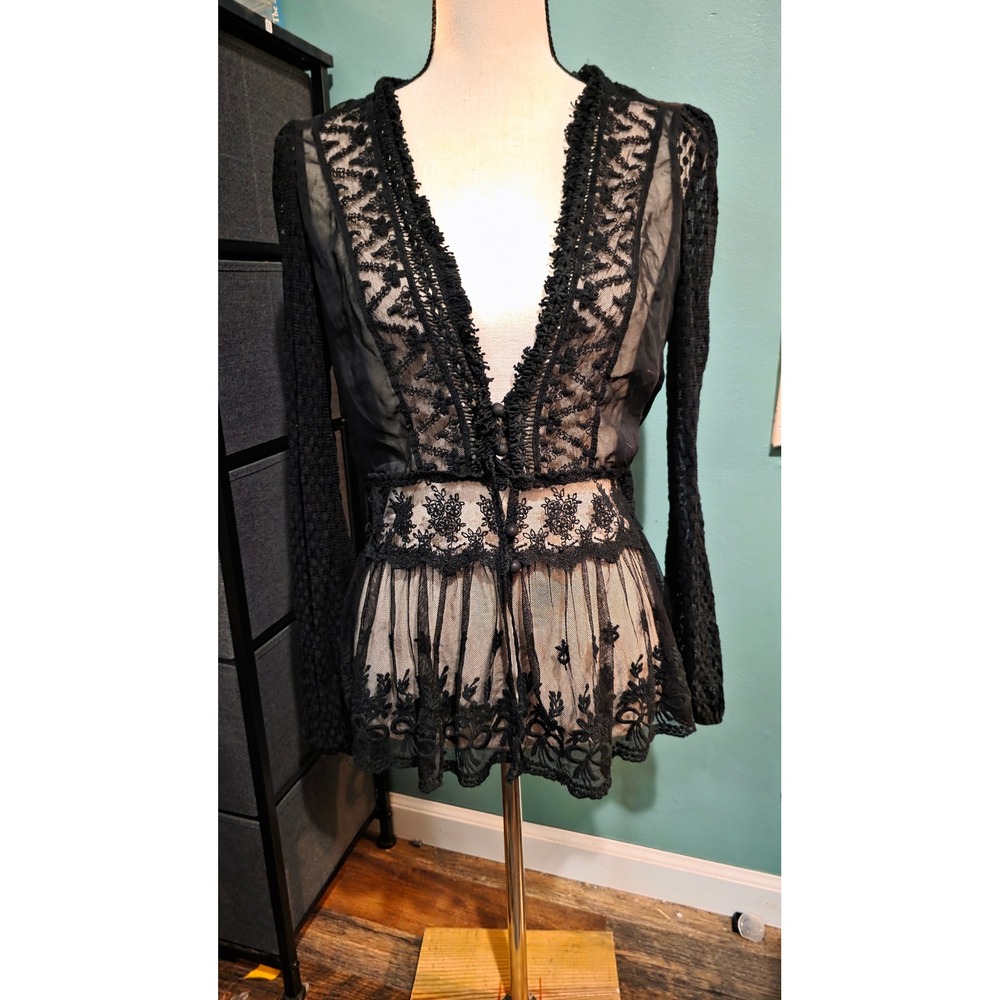 A'reve Black Sheer Lace Peplum Top Long Sleeve Floral Embroidery Sz M Whimsygoth
